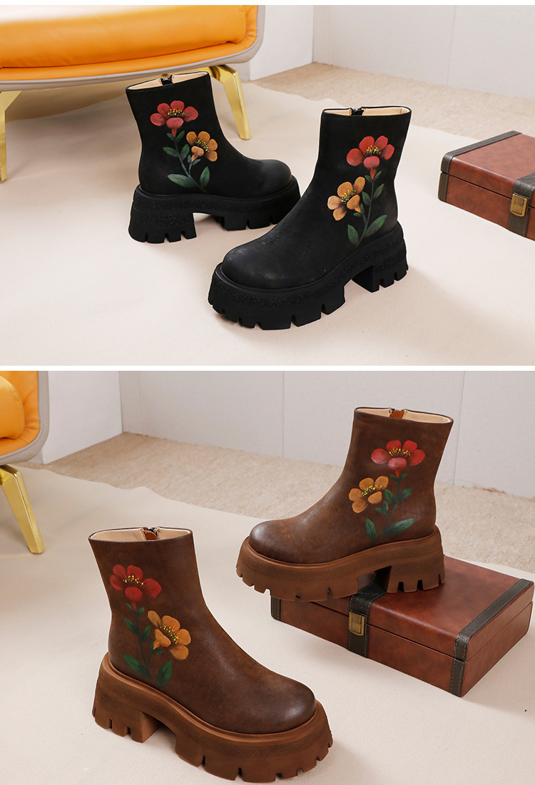 Boot nữ cổ ngắn da bò thật thêu hoa thủ công gót vuông — Màu cà phê, Màu đen