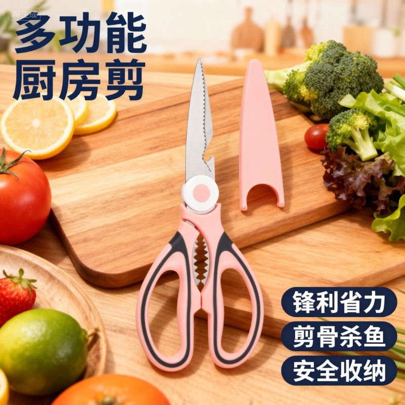 Multifunctional Stainless Steel Kitchen Scissors, Thickened Household Pink Cat Scissors, Powerful Chicken Bone Scissors, Food Scissors