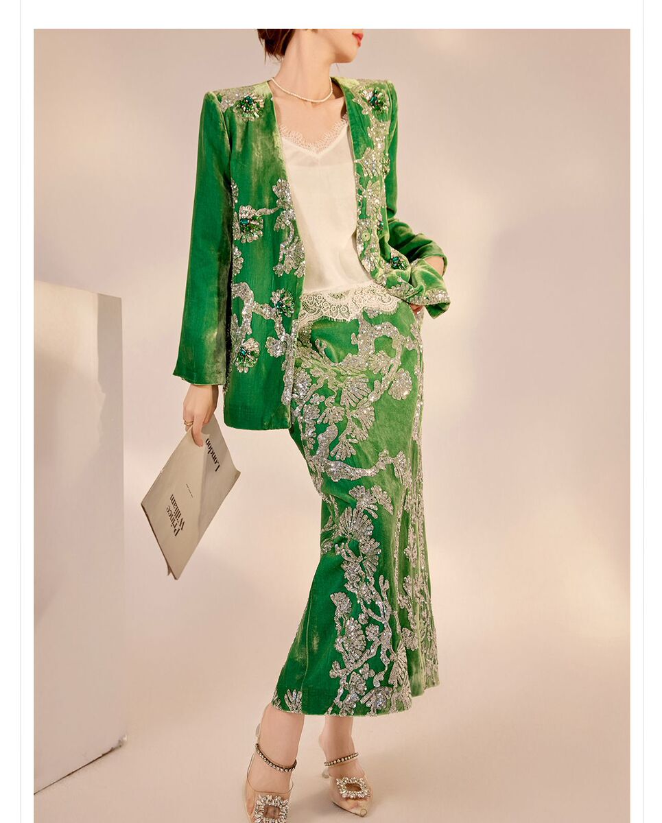 Bộ áo khoác cardigan và chân váy nữ thêu đính hạt lụa tơ tằm cao cấp — Váy (giao hàng trong 7 ngày), Váy (giao hàng trong ngày), Áo khoác (giao hàng trong 7 ngày)