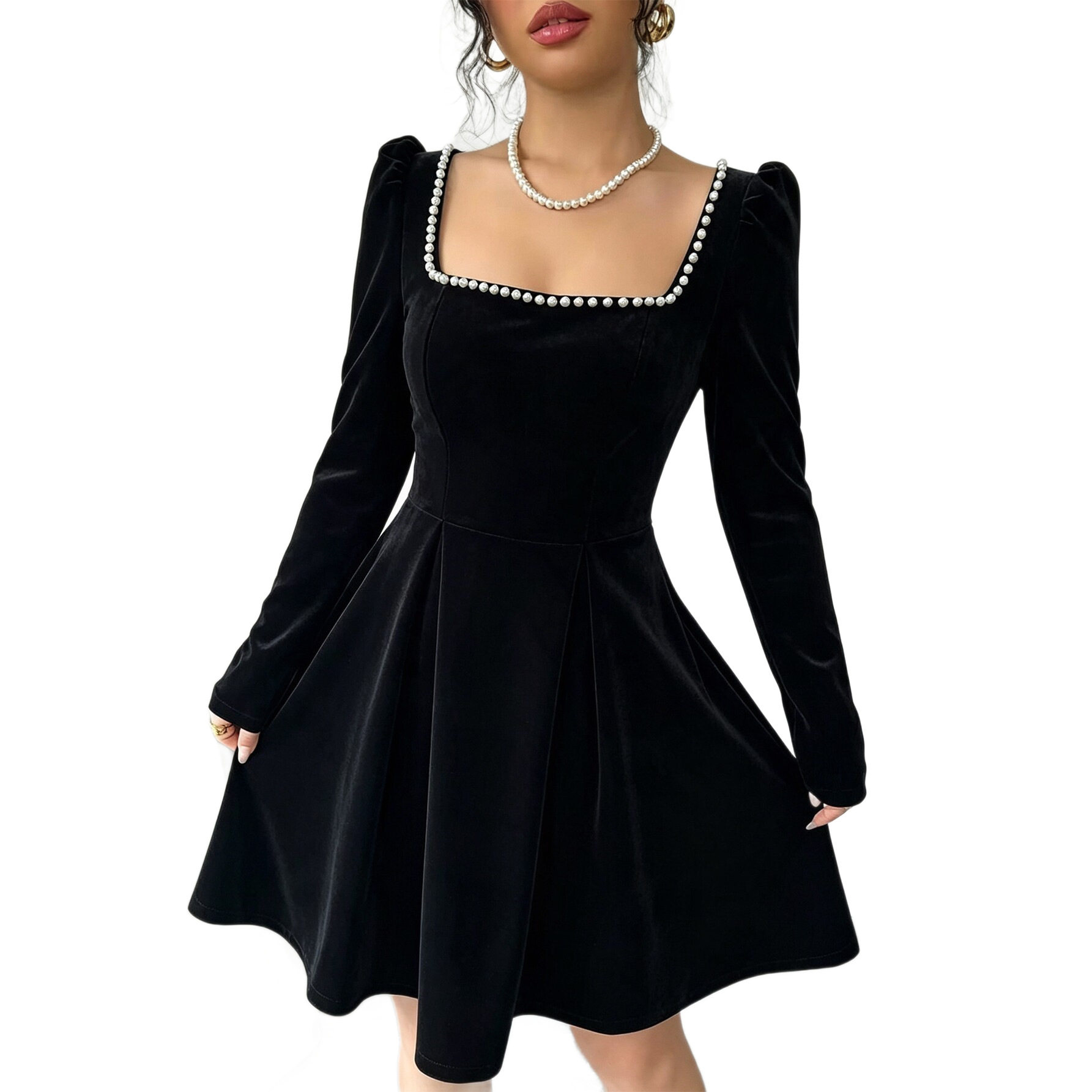 French Vintage Velvet Square Neck Dress for Women Pearl Trim Waist Cinching A Line Silhouette Elegant Evening Wear