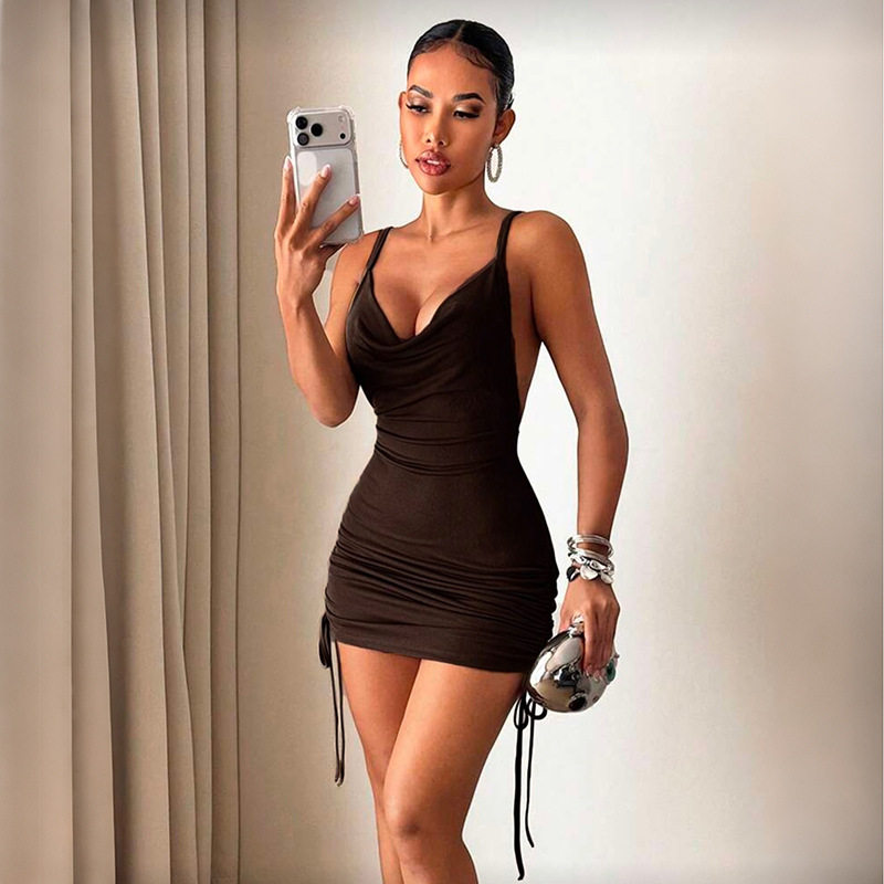 Summer Womens Dress Solid Color Ruffled Neckline Open Back Bodycon Fit Casual Party Wear OEM Available