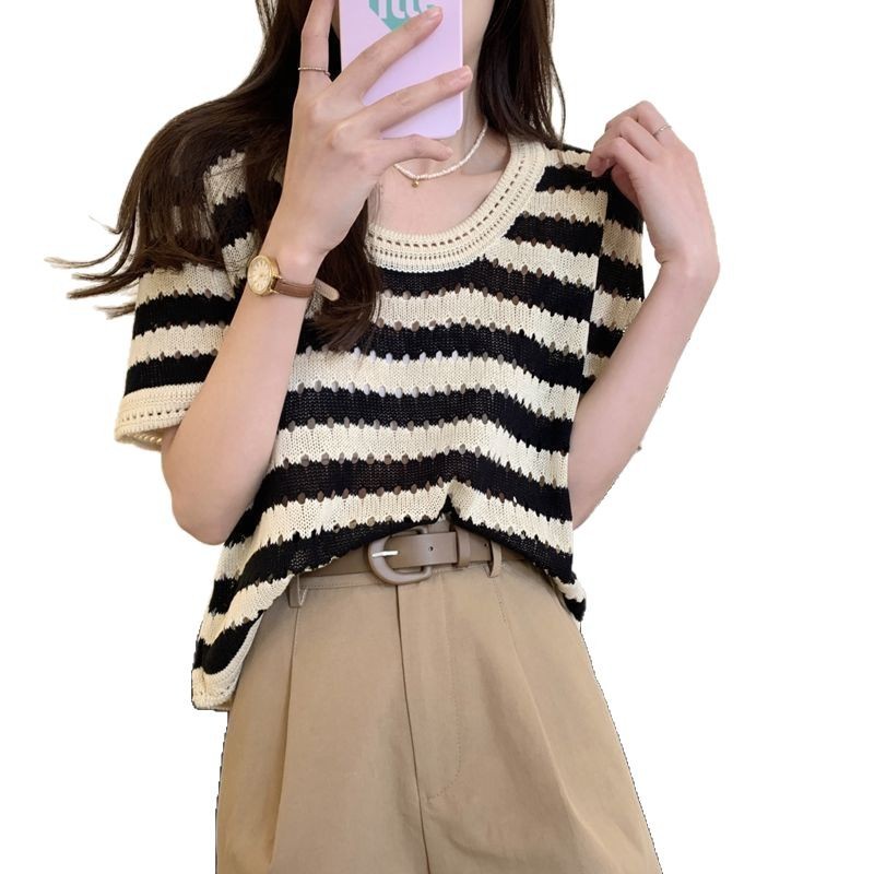 Vintage Striped Short Sleeve T Shirt Womens Summer Knit Top with Hollow Design Casual Wear for Everyday Use OEM