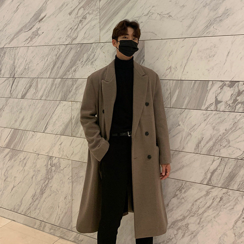 Mens Overcoat Windproof Double Layer Long Trench Coat Casual Wool Blend Available in Gray Coffee Black Wholesale