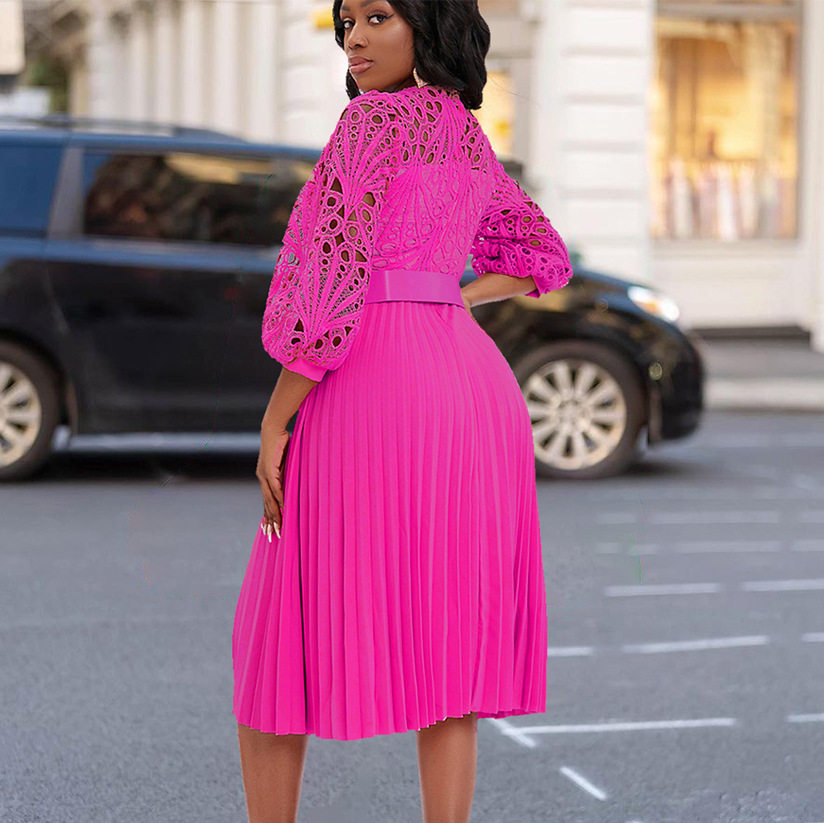 Plus Size Womens Lace Panel Pleated Hollow Out Dress Elegant Design Summer Style African Fashion Wholesale Available