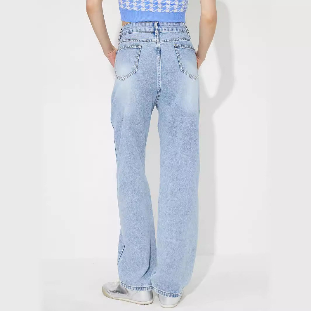 High Waisted Embroidered Wide Leg Jeans Loose Fit Denim Fabric Casual Style Ready to Ship factory direct