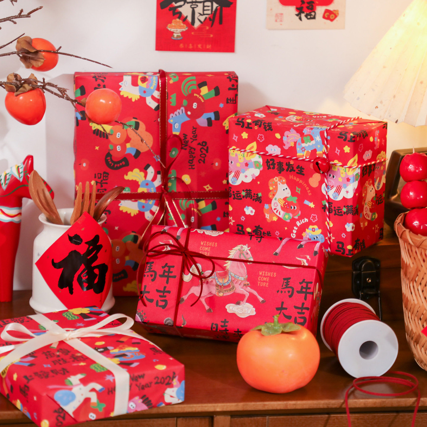2026 New Year Gift Wrapping Paper Cartoon Pony Red Festive Large Thickeneded Kraft Paper Gift Wrapping Paper