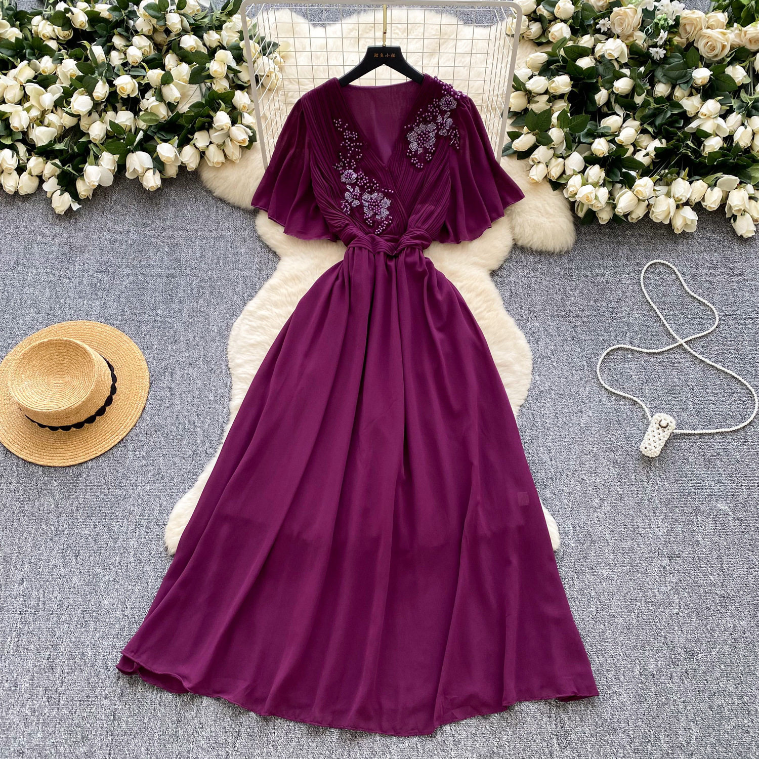 Vintage French Style V Neck Dress Elegant Pleated Design with Beading Summer Long Dress for Sophisticated Women