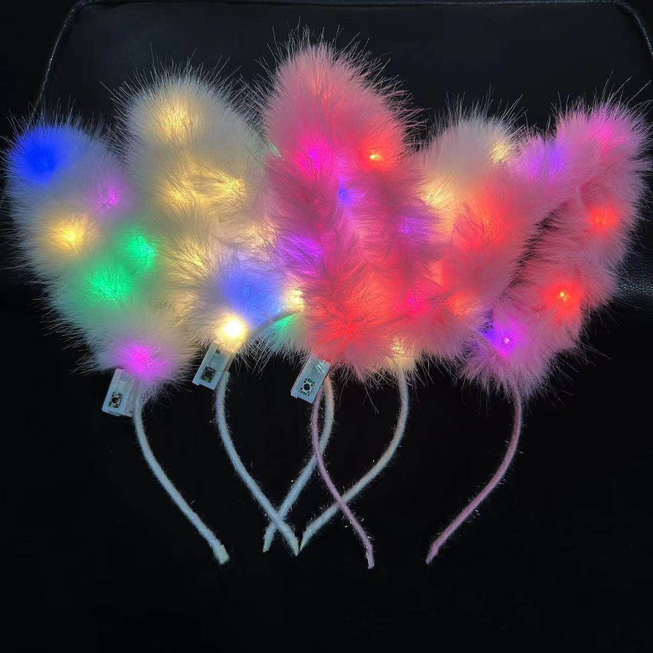 跨境热卖14灯毛毛兔耳朵发光发箍地推金丝羽毛猫耳朵发光头箍玩具