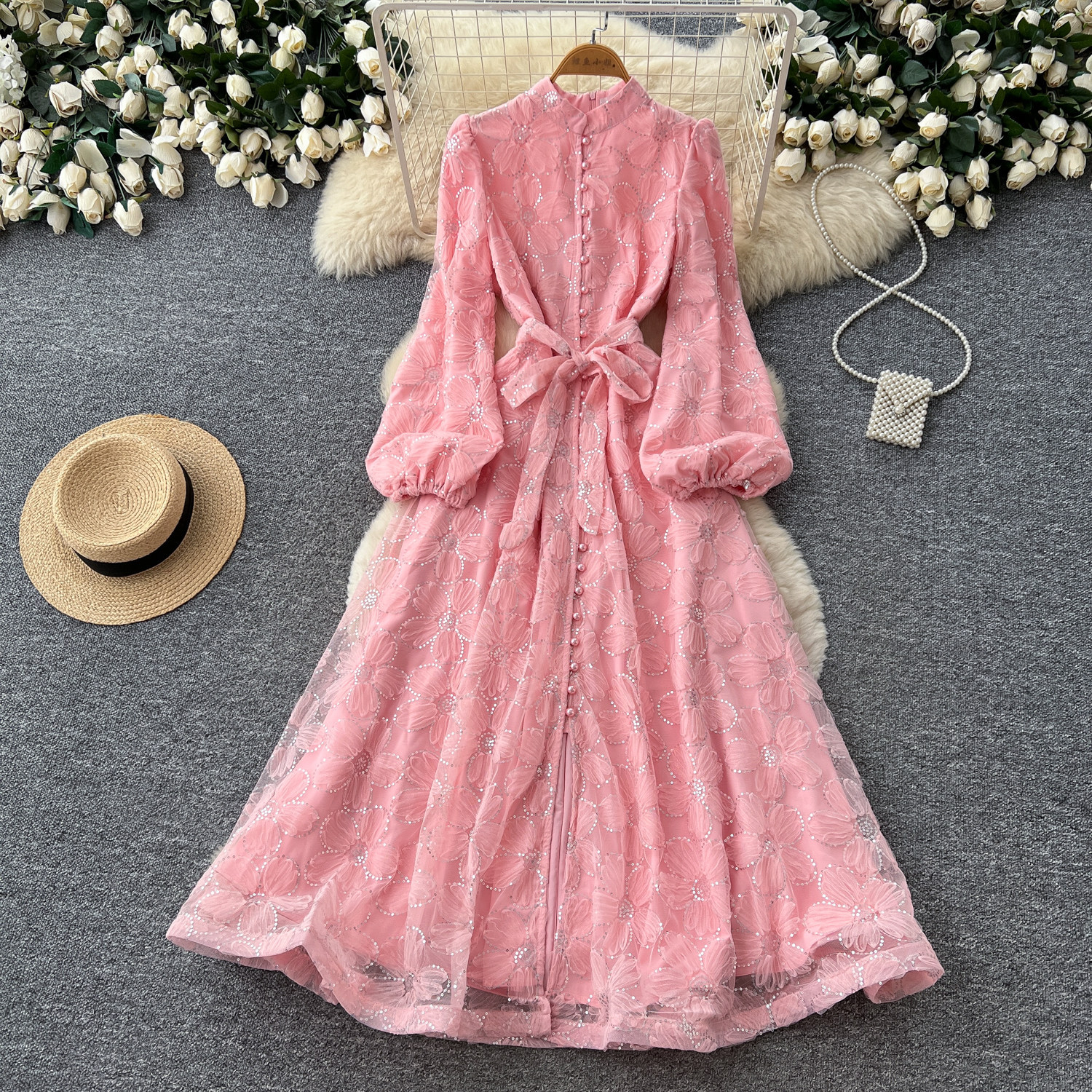 French Romantic Style Lace Dress Stand Collar Lantern Sleeves A Line Silhouette Waist Defining Elegant Evening Wear