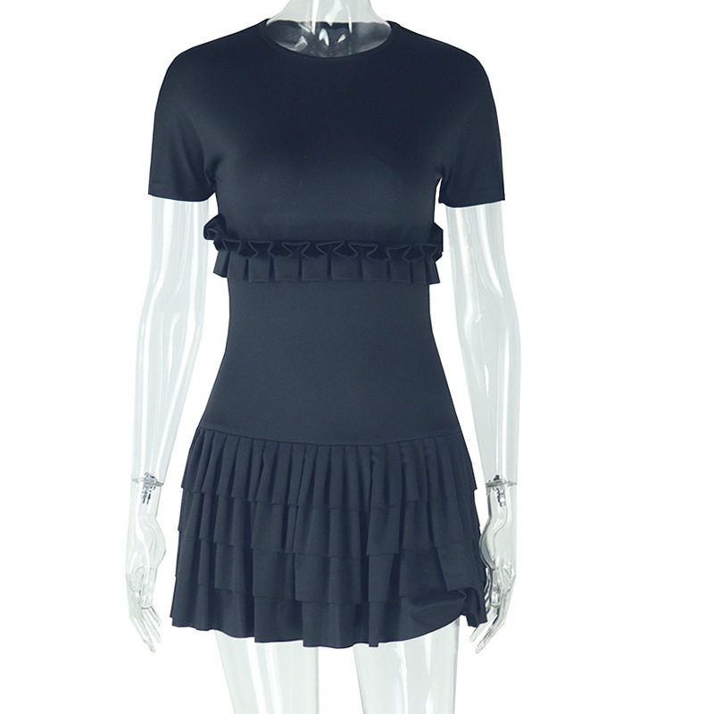 Fashionable Womens Bodycon Dress Solid Color Pleated Design Short Sleeve Round Neck Casual Wear for Spring Summer