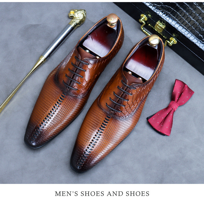 Giày Oxford nam da bò mũi nhọn buộc dây phong cách công sở — Màu nâu, Màu đen, Màu Kaki