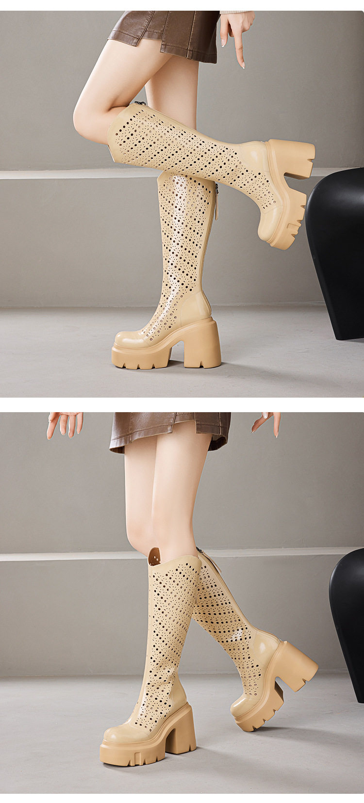 Boot nữ cổ thấp da láng thoáng khí gót cao 8 cm — [Màu hồng đào], [Màu đen] chi tiết 3