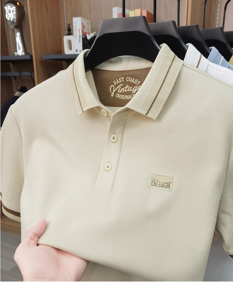 Áo polo nam tay ngắn cotton lưới co giãn thoáng khí chống nhăn — Màu đỏ táo tàu, màu đen, Mễ Hạnh, Xanh tím than