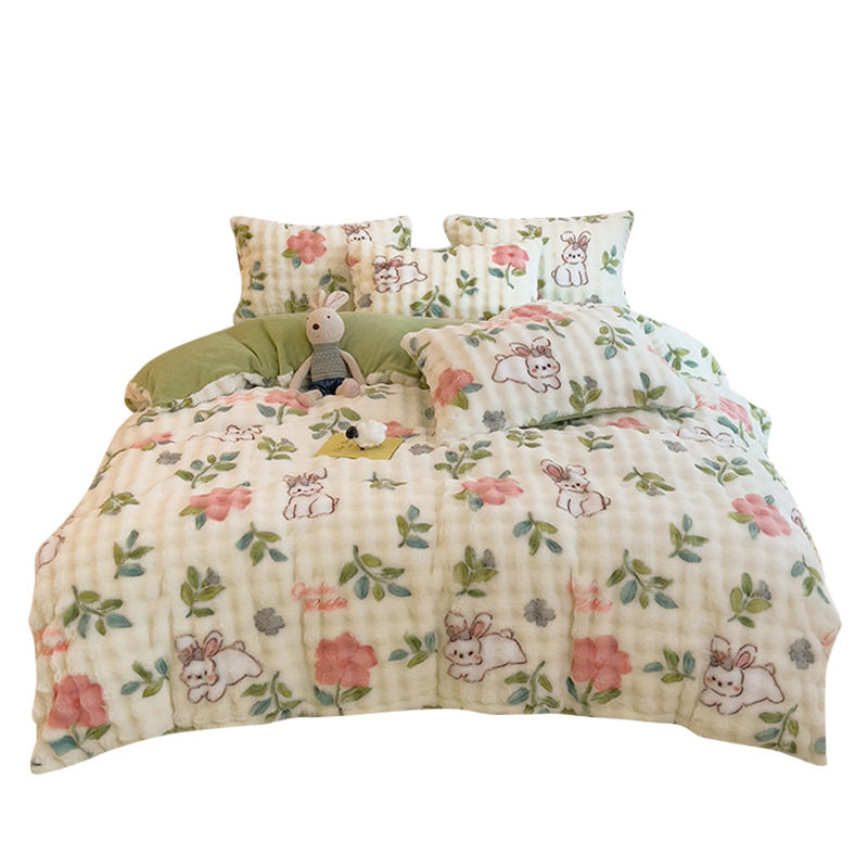 Winter thickened rabbit plush four-piece milk velvet quilt cover coral velvet bed sheet quilt cover flannel bed three-piece set