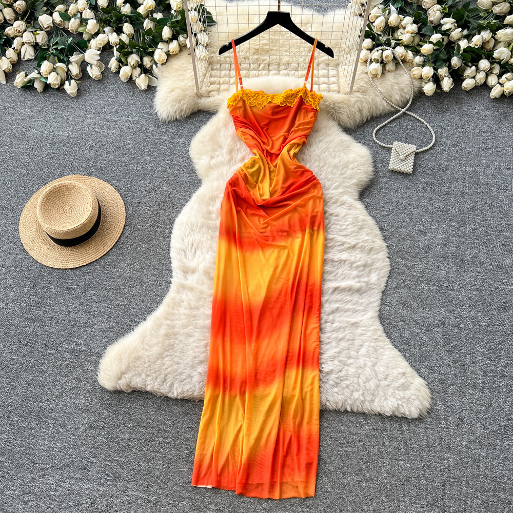 V Neck Chiffon Maxi Dress Orange Gradient Sleeveless Slim Fit Elegant Style Perfect for Summer Vacations