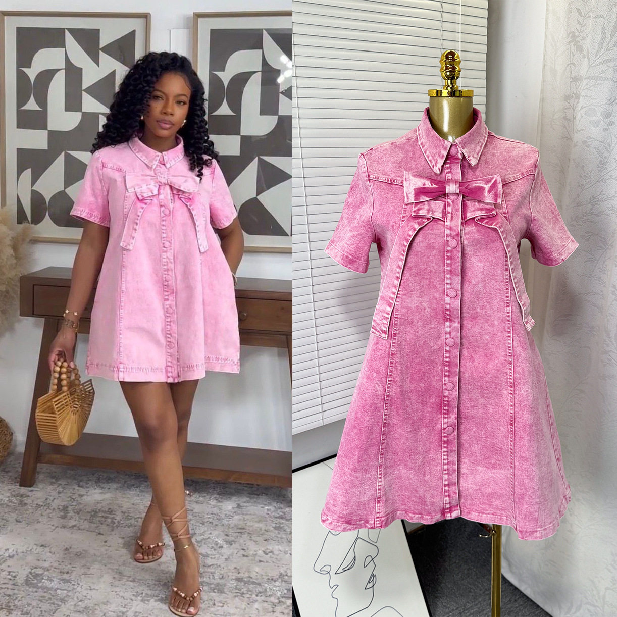 Elegant A Line Mini Denim Dress with Bow Detail Loose Fit Sweet Style Perfect for Casual Outings Wholesale Available