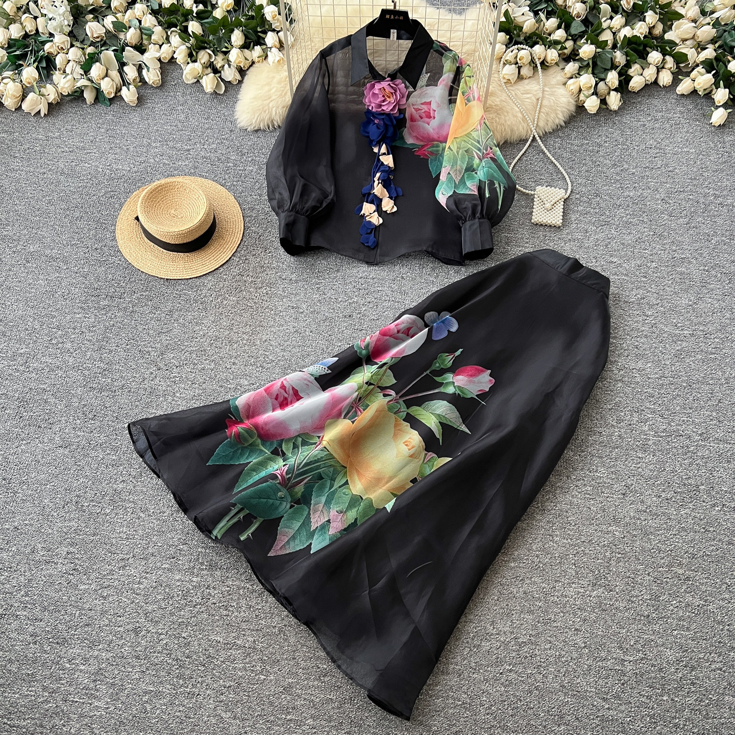 French Romantic Floral Two Piece Set Lantern Sleeve Mesh Top Waist Defined Midi Skirt Autumn Office Wear Wholesale