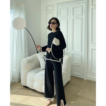 2025 New Autumn Clothing, Contrasting Color Slit Long-Sleeved Knitwear, High-Waisted Slimming Look Wide-Leg Pants and Pants Two-Piece Suit