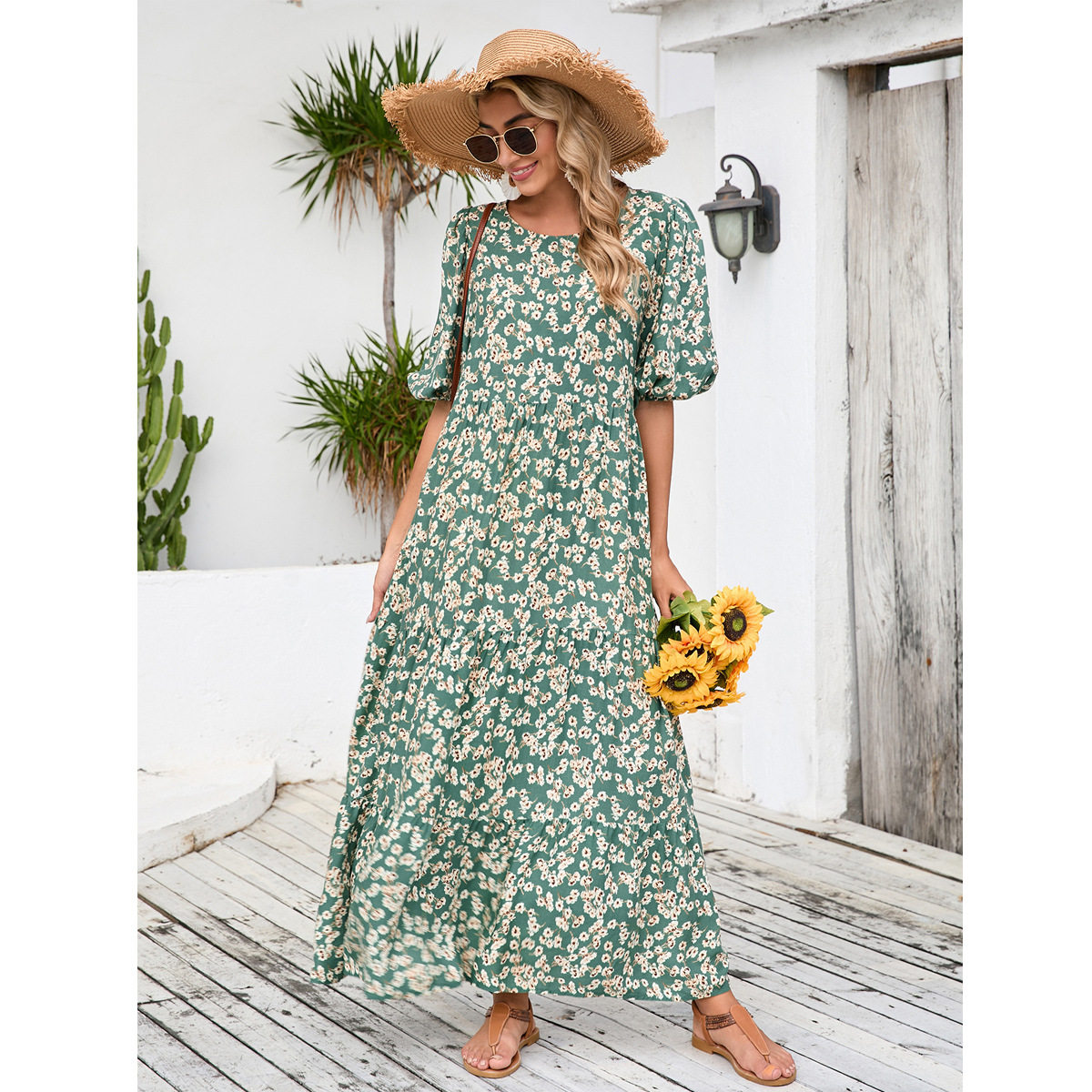 Plus Size Vintage Floral Maxi Dress Loose Fit Round Neck Mid Sleeve Casual Wear for Summer Wholesale Available