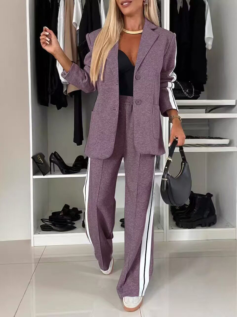 Womens Casual Blazer Set Long Sleeve Lapel Collar Autumn Winter Style Wholesale Available private label