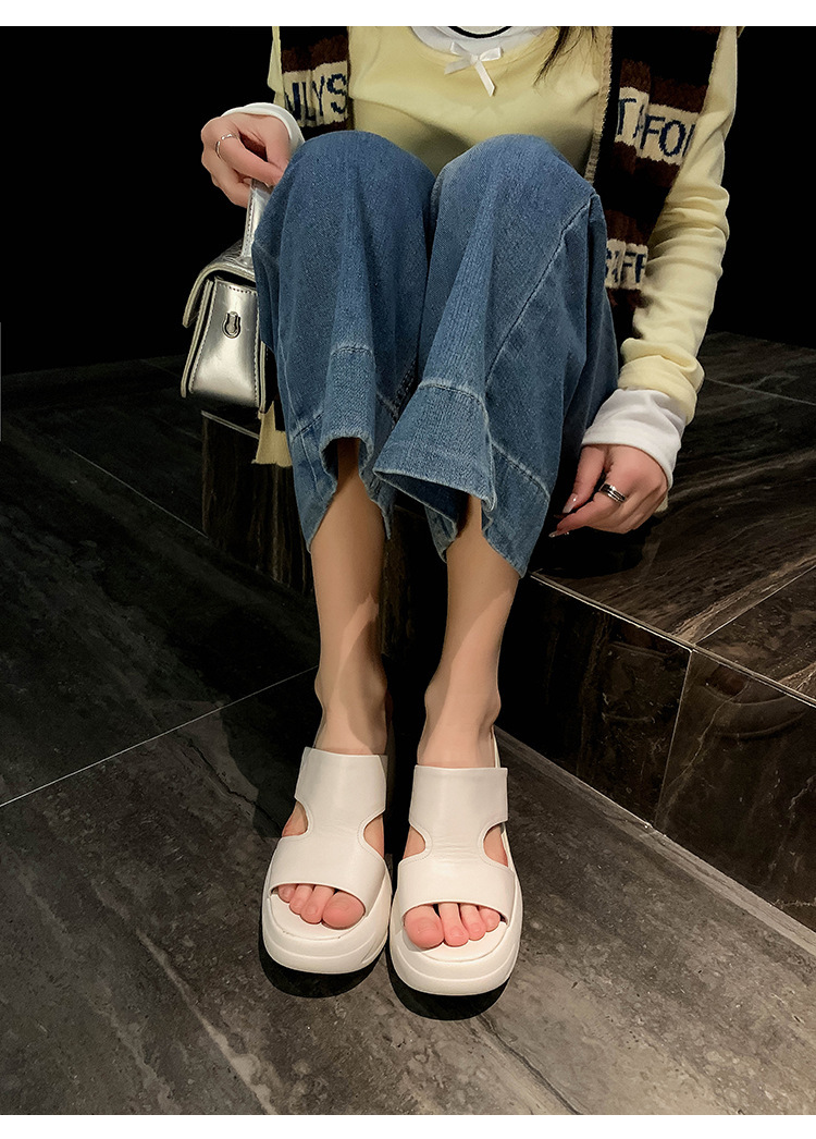 Dép sandal nữ quai ngang đế dày tăng chiều cao 10cm bằng da bò thật — Màu be, Màu trắng ngà