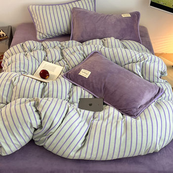 Ins Mix and Match Stripesd Milk Velvet Warm Four-Piece Set Simple and Comfortable Double-Sided Coral Velvet Quilt Cover Bed Bed Sheets Three-Piece Set