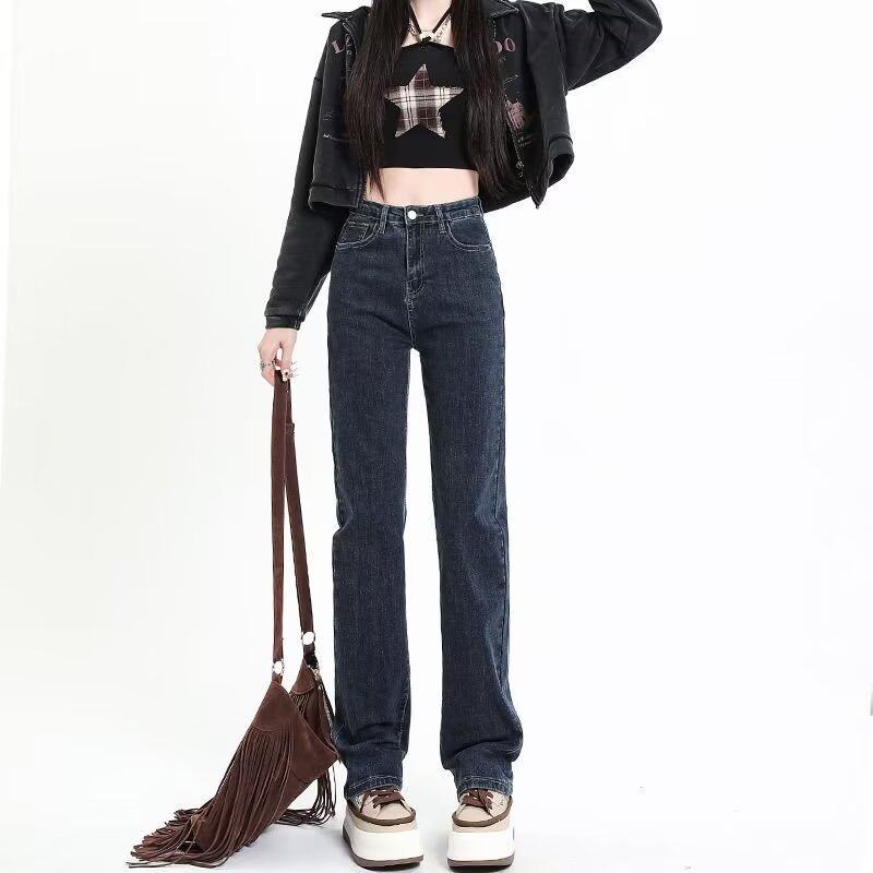 High Waisted Straight Leg Jeans for Women Korean Style Loose Fit Stretch Fabric Slimming Effect Casual Wear for