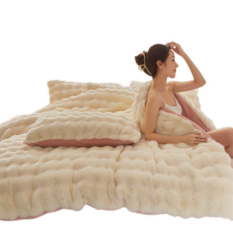 Class a Thickened Rabbit Fur Four-Piece Set, Milk Velvet Rabbit Fur Duvet Cover, Machine Washable, Non-Shedding, Maternal and Infant Grade, Winter Version