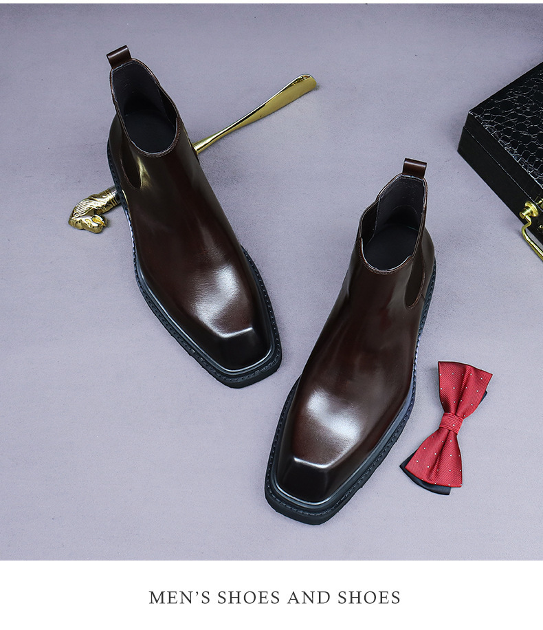 Boot Chelsea nam da bò cổ thấp đế dày phong cách công sở — Lớp lót lông cừu màu nâu cà phê, Màu đen, Lót lông cừu màu đen, Màu cà phê