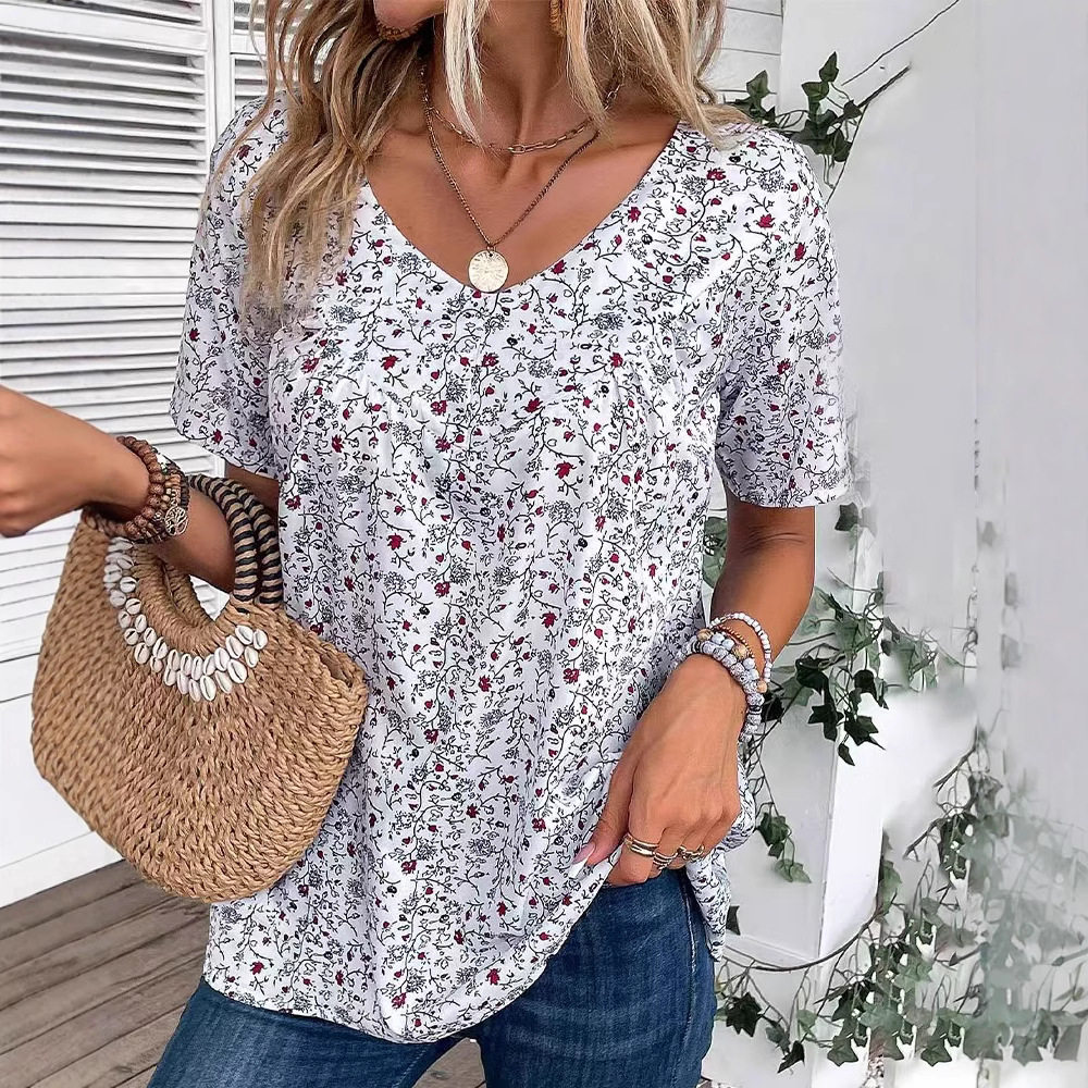 Elegant Floral Print V Neck Short Sleeve Blouse Summer Style Perfect for Casual Outings Wholesale Available