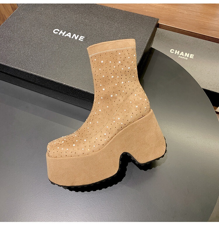 Boot nữ cổ thấp gót siêu cao 11cm đế xuồng đính đá pha lê — Lớp lót đơn màu be, Lớp lót đơn màu đen, Lót nhung đen, Lót nhung màu be