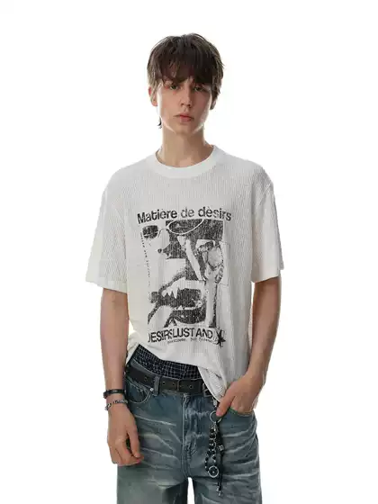 Trendy American Retro Textured Fun Portrait Print Knitted Short-Sleeved T-Shirt for Men 2026 Summer New Style Top 1