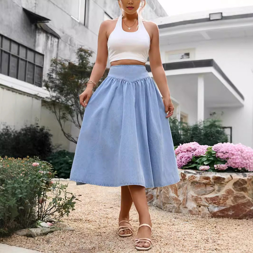 Elegant Long A Line Denim Skirt Slim Fit High Waist Classic Style Perfect for Casual Outings Wholesale Available