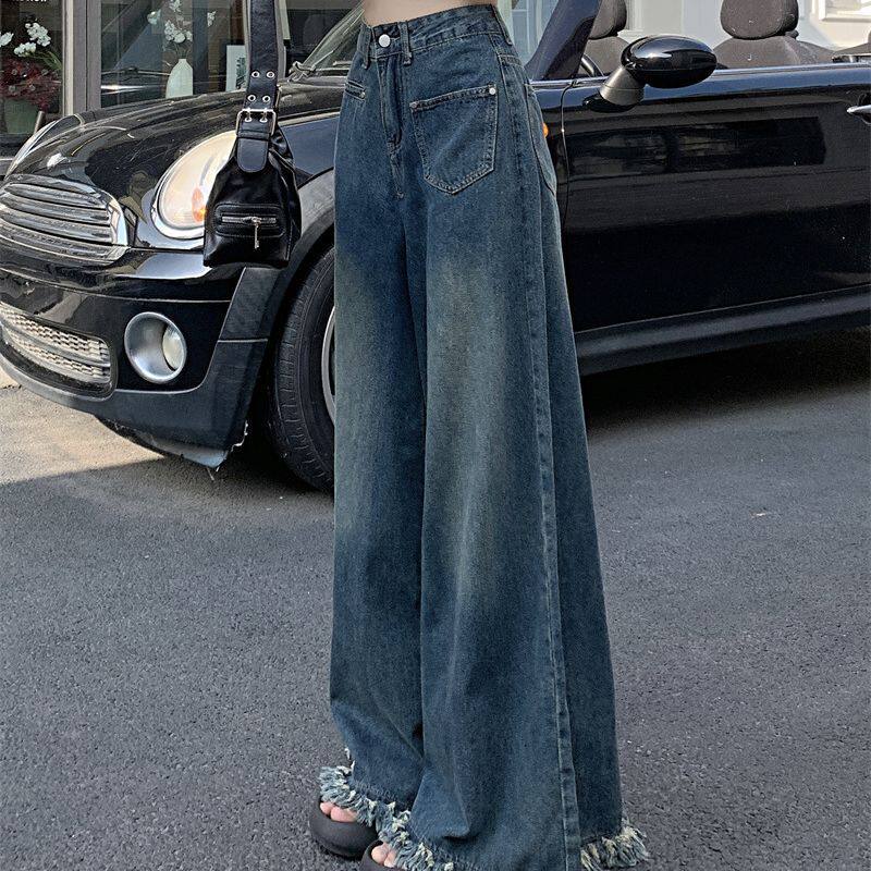 High Waisted Vintage Wide Leg Jeans for Women Loose Fit Frayed Hem Floor Length Autumn Fashion Wholesale Available