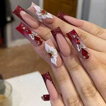 24 Pieces of Autumn and Winter Cross-Border Hot-Selling Long Water Pipe Wearable Nails, Exquisite Bows, High-End Flower Loose Powder French Manicure Pieces