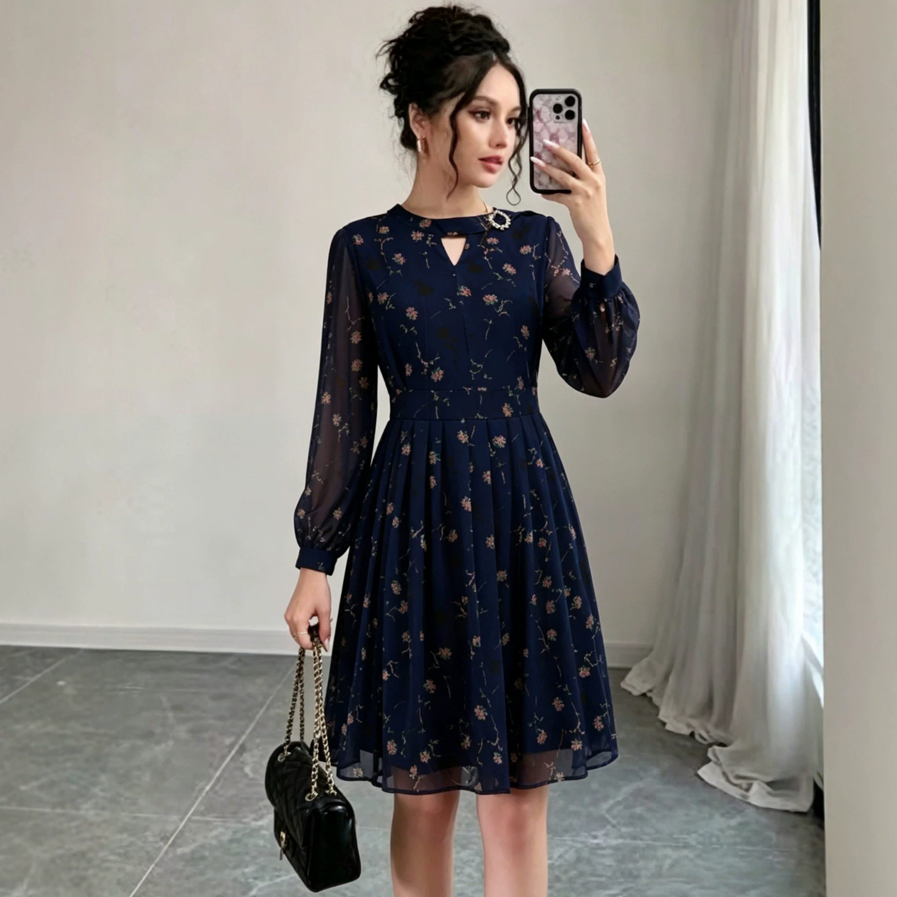 Blue Printed Chiffon Long Sleeve Dress for Women A Line Silhouette Rhinestone Accents Mid Length Perfect for Spring