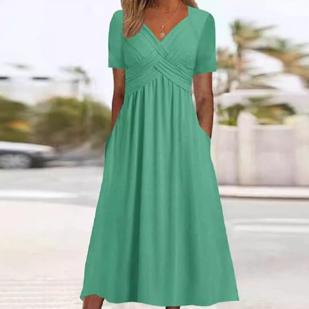 Womens Solid Color V Neck Short Sleeve Dress Trendy Design Comfortable Fabric Perfect for Fall Wholesale Available