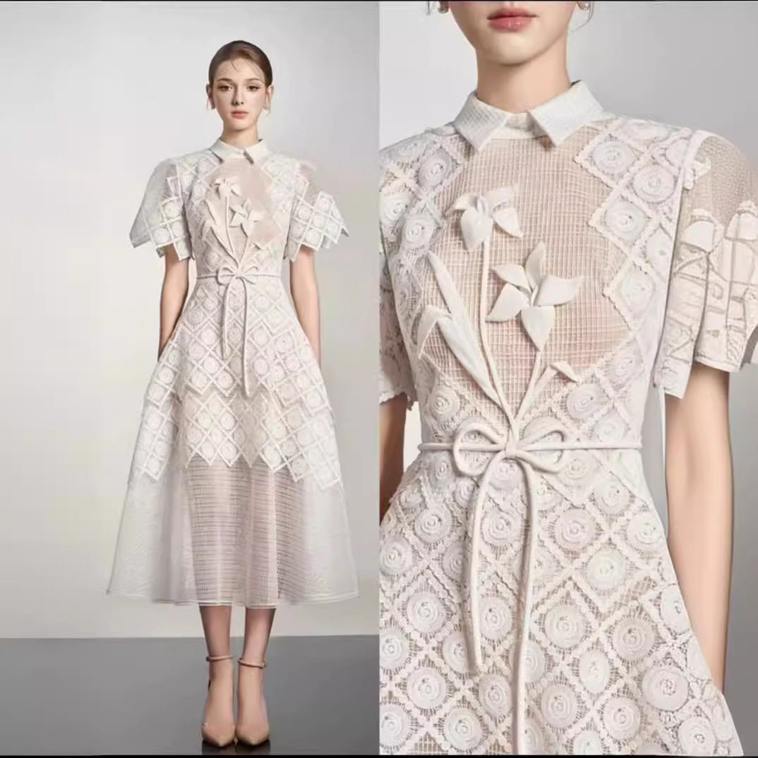 Đầm maxi nữ thêu ren cổ polo tay ngắn cạp cao midi — Màu như ảnh