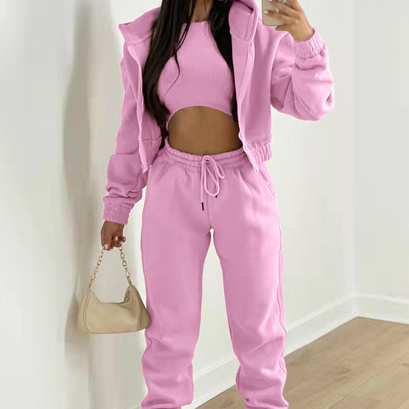 Womens Casual Sports Hoodie and Long Pants Set Solid Color Spring Collection Comfortable Fit Wholesale Available