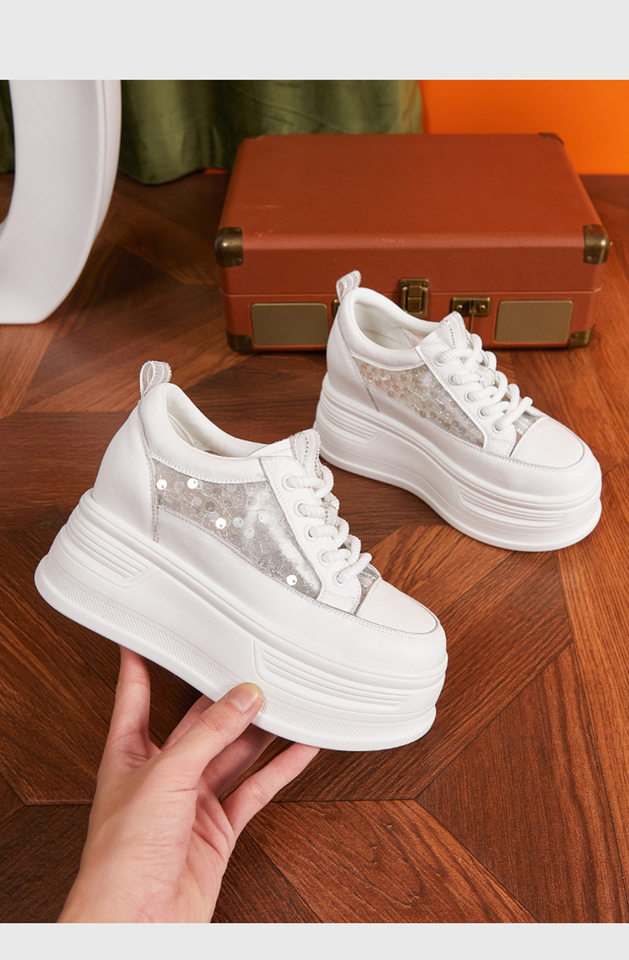 Giày sneaker nữ chunky đế dày lưới thoáng khí phong cách platform — Trắng, Đen chi tiết 13