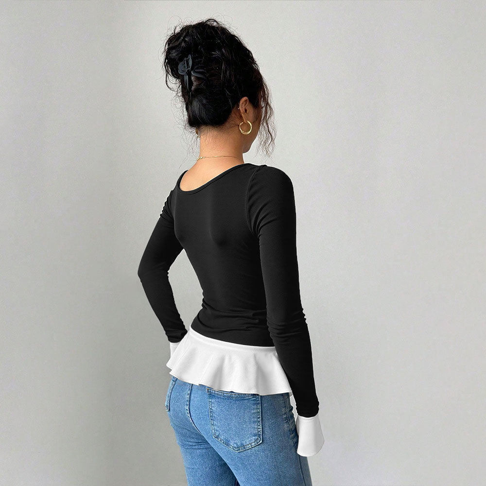 Black One Shoulder Top with Metal Ring Detail Asymmetrical Hem Ruffled White Trim Spring Summer Fashion Wholesale