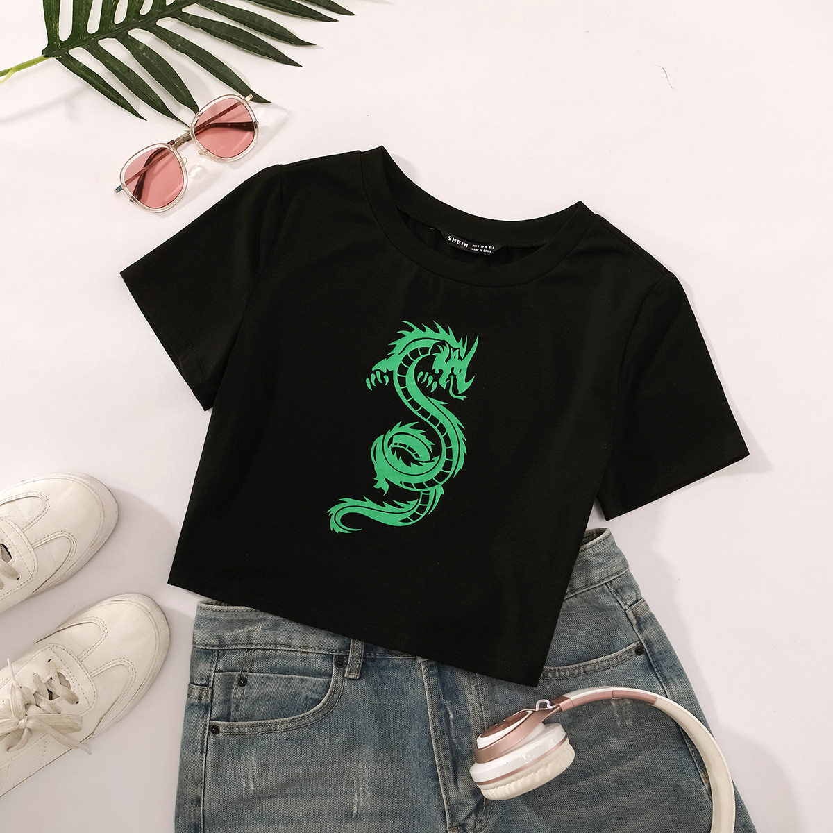 Fashionable Womens Hip Hop T Shirt Unique Dragon Print Short Sleeve Casual Style Wholesale Available