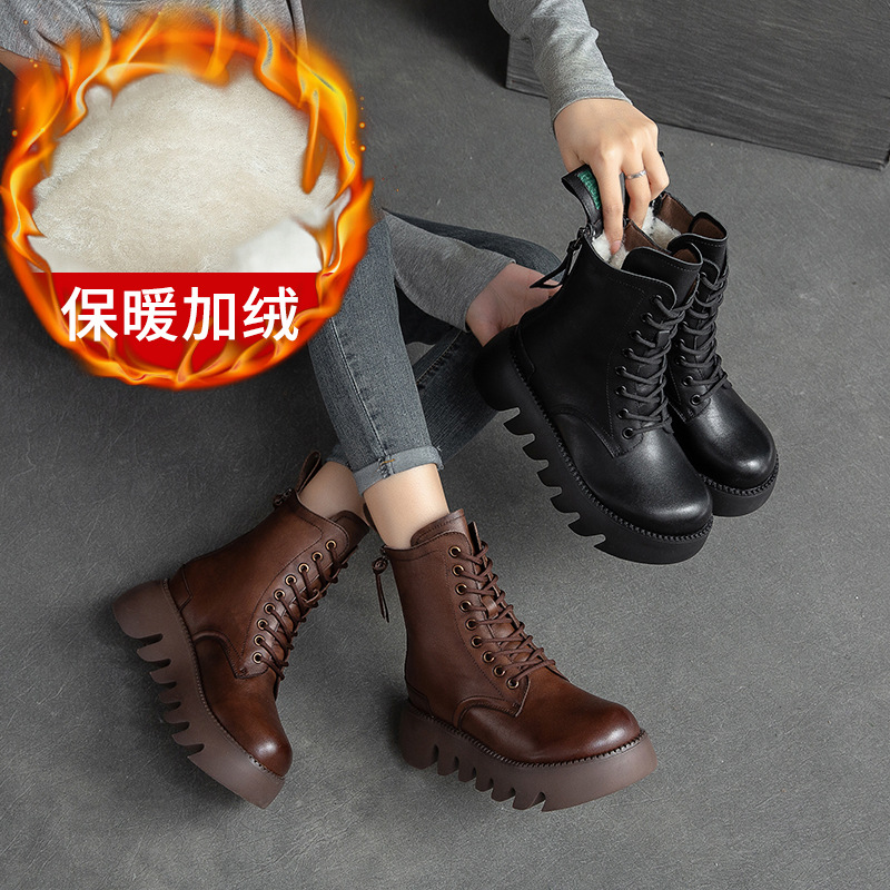 Boot Cổ Thấp Nữ Chất Liệu Vải Bông Mũi Tròn Đế Cao Hàng Mùa Xuân Thu Đông Phục Cổ Cổ Điển