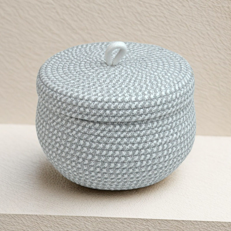 Desktop Storage Basket with Lid Dustproof Cosmetics Snacks Sundries Round Storage Basket Handmade Cotton Rope Woven Egg Basket