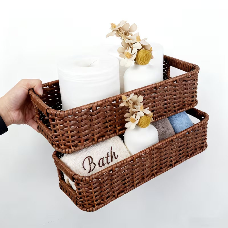 Imitation Rattan Kitchen Storage Box Hand-Woven Basket Desktop Snack Sundry Storage Box Cosmetics Storage Basket