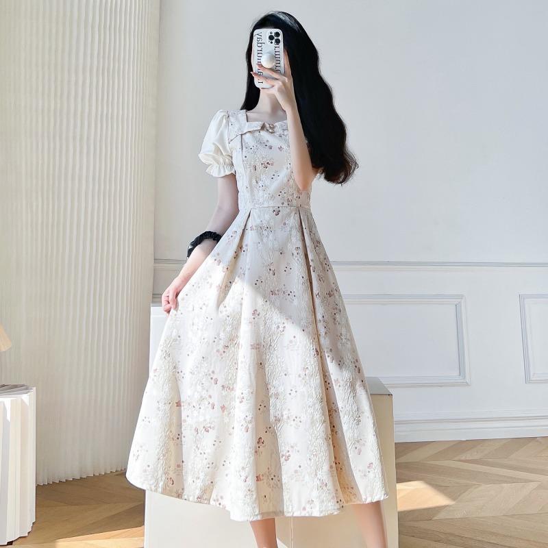French Style Elegant Short Sleeve Maxi Dress Soft Floral Print White Color Summer Fashion Wholesale Available