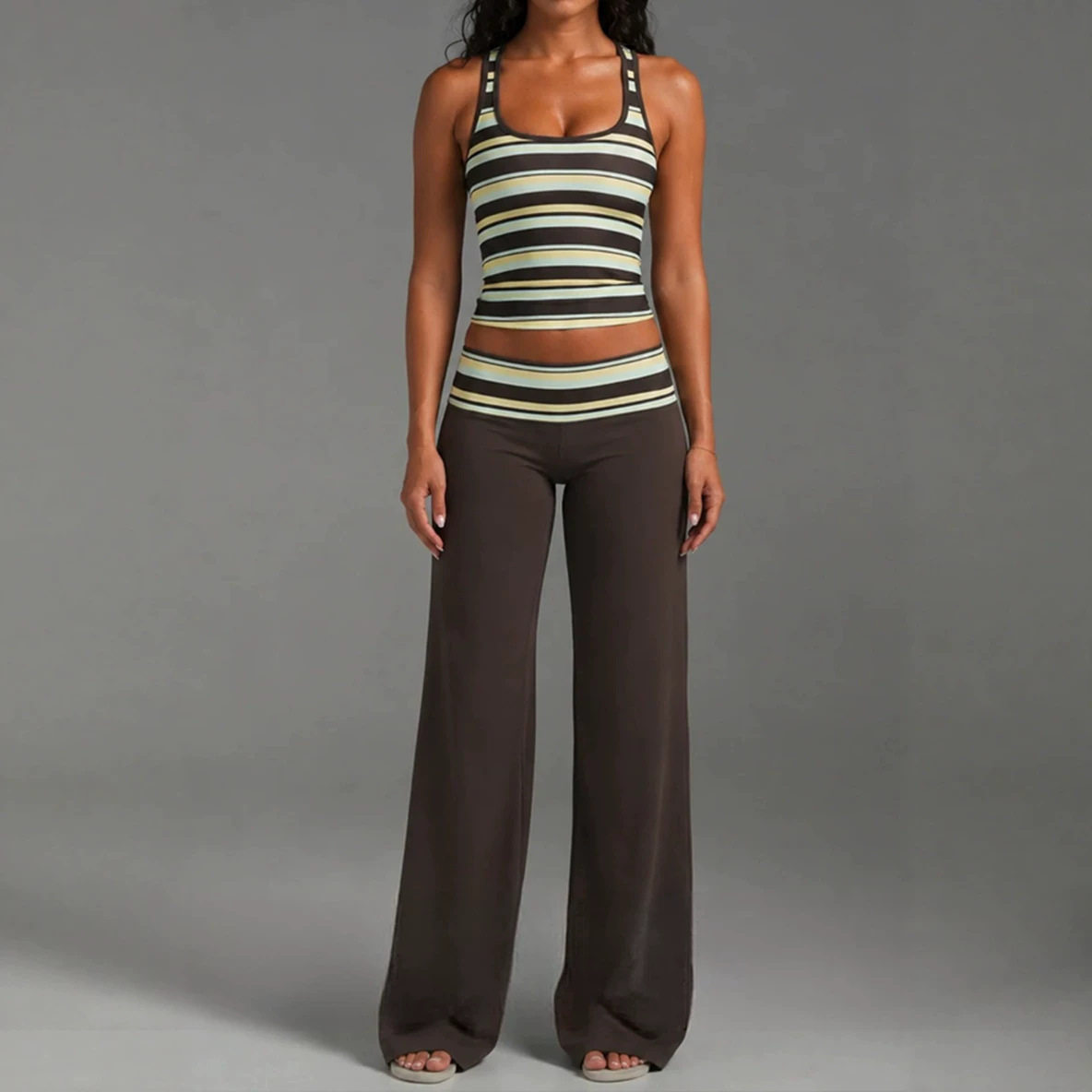 Sleeveless U Neck Striped Top and Long Pants Set Slim Fit Casual Style Summer Wear Wholesale Available