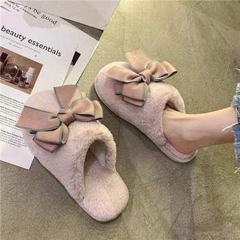 Cotton Slippers for Women in Winter with Cute Bows for Home Use Indoor Warm Anti-Slip Cartoon Plush Slippers for Autumn and Winter