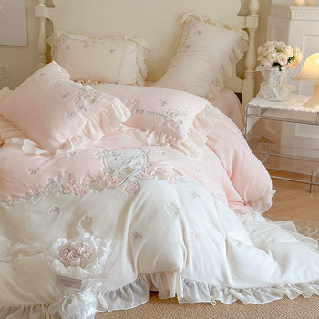 French Romantic Princess style winter milk velvet four-piece set warm thickened double-sided coral velvet girl bedding