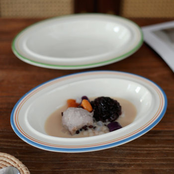 South Korea Ins Coil Oval Fish Plate Noodle Soup Plate Sweet Plate Vintage Breakfast Bowl Ceramic Tableware Home Curry Rice